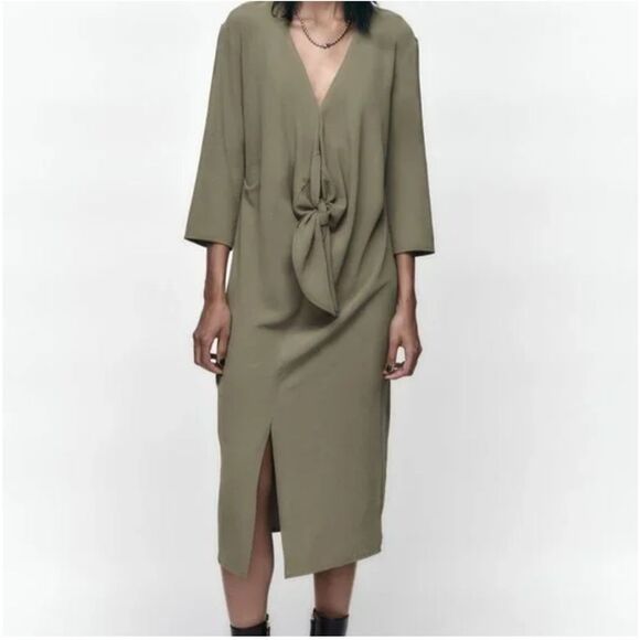 Zara Dresses & Skirts - NWT Zara Minimalist Front Knot Loose Fitted Midi Dress Olive Green Sz M